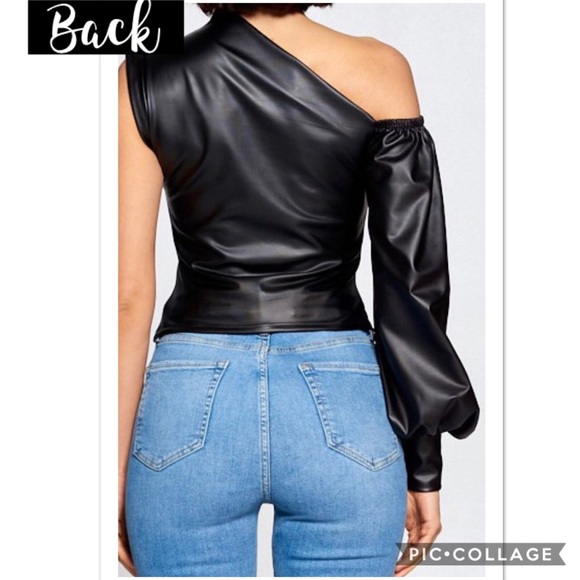 1 left! Black Faux Leather Top-1 Shoulder - Picture 3 of 4